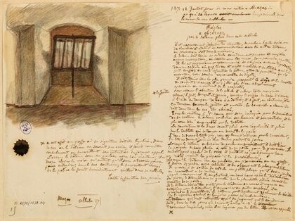 Réglement et fenêtre de la cellule 17 de la prison Mazas (1871)