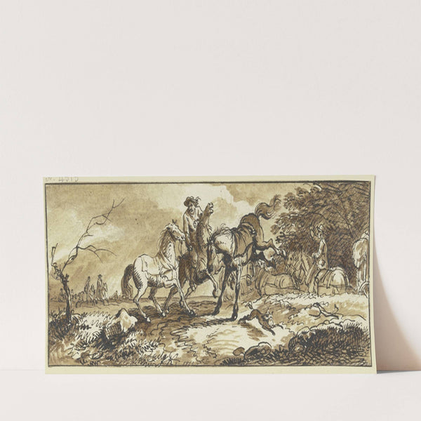 Reiter mit zwei Handpferden, eines schlägt aus, im Hintergrund ein Fuhrwerk und andere Reiter (1775) by Ferdinand Kobell