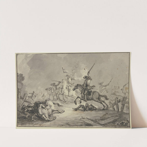 Reitergefecht, ein Standartenträger feuert eine Pistole gegen einen angreifenden Reiter ab by Jan Anthonie Langendijk