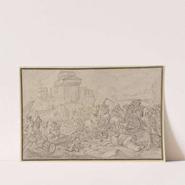 Reitergefecht vor einer Brücke, die auf eine Burg zuführt by Charles Parrocel