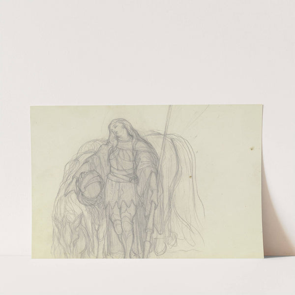 Reiterin in Rüstung, vor einem Pferd stehend by Victor Müller