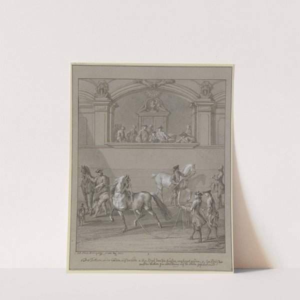 Reitschule, drei Pferde werden am Seil geführt, in einer erhöhten Loge Zuschauer (1751) by Johann Elias Ridinger