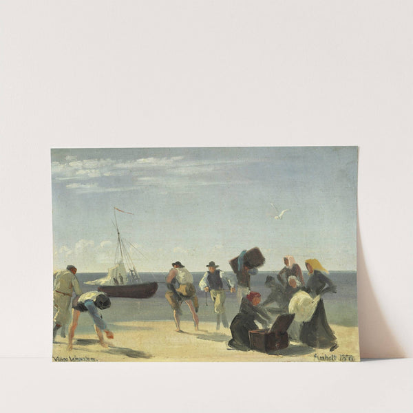 Rejsende fra Anholt på vej fra stranden ud til et afventende sejlskib by Viggo Johansen