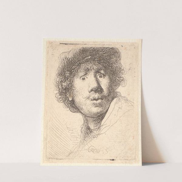 Rembrandt in a cap, open mouthed and staring; bust in outline by Rembrandt van Rijn