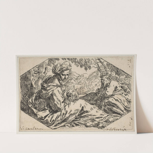 Repose in Egypt, Mary holding and looking at the infant Christ while St. Joseph sleeps (ca. 1637–1639) by Simone Cantarini