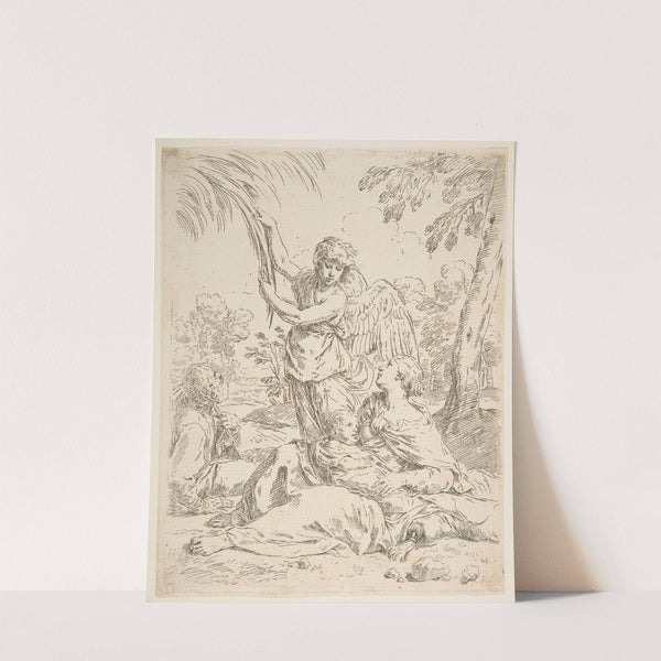 Repose in Egypt, Mary nursing the infant Christ while an angel pulls at tree branches (ca.1639) by Simone Cantarini