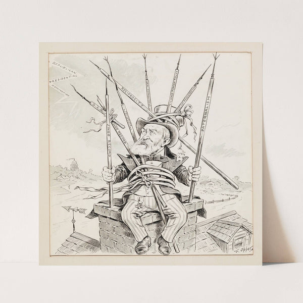 Republican politician James G. Blaine atop chimney with numerous lightening rods attached to him (1894) by Frederick Burr Opper