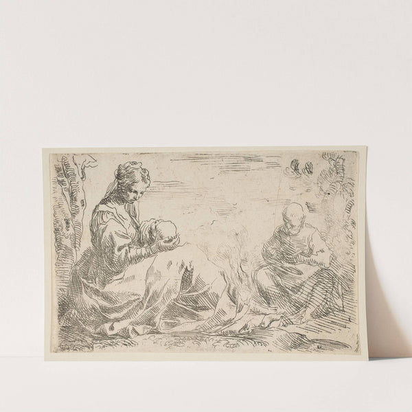 Rest on the flight into Egypt, Mary holding and looking at the infant Christ while St. Joseph reads (ca. 1637) by Simone Cantarini