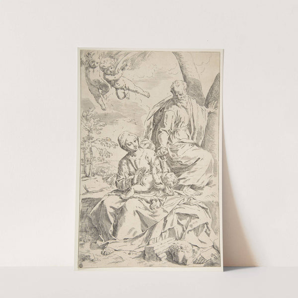 Rest on the flight into Egypt, Mary holding the infant Christ while St. Joseph hands him a fruit (ca. 1639) by Simone Cantarini