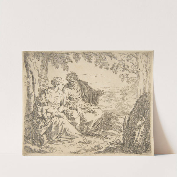 Rest on the flight into Egypt, Mary holding the infant Christ while St. Joseph points into the distance (ca. 1637–39) by Simone Cantarini