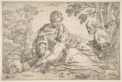 Rest on the flight into Egypt, Mary holding the infant Christ with St. Joseph at right (ca. 1640)