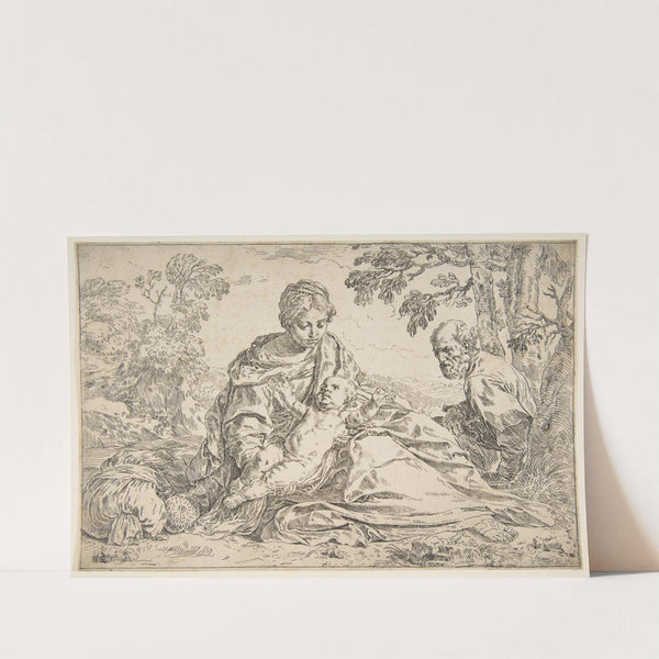 Rest on the flight into Egypt, Mary holding the infant Christ with St. Joseph at right (ca. 1640) by Simone Cantarini