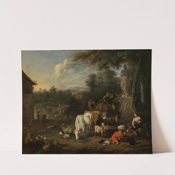 Resting shepherds with their flock and travelers at a well by Adriaen Oudendijk