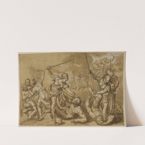 Retfærdigheden, Mercur og Minerva besejrer de onde magter, mens en gruppe gudinder ser til fra skyerne by Paolo Farinati