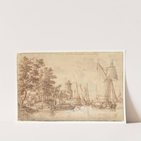 Rhine landscape with castle and ships by Abraham Storck