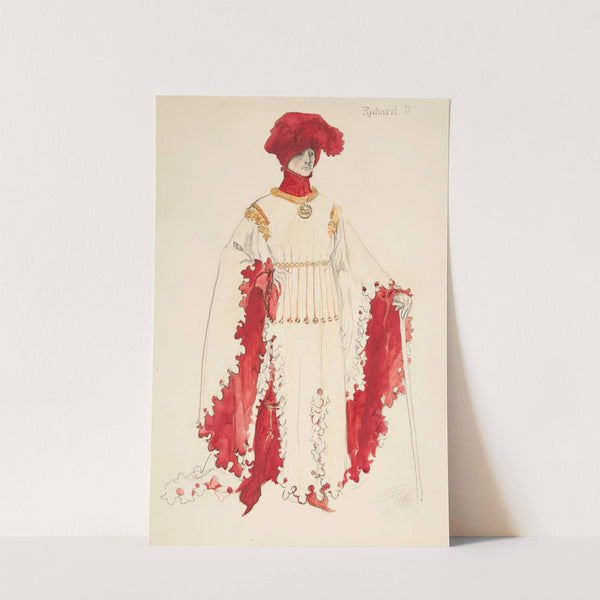 Richard II (in red), costume sketch for Henry Irving’s 1898 Planned Production of Richard II by Edwin Austin Abbey