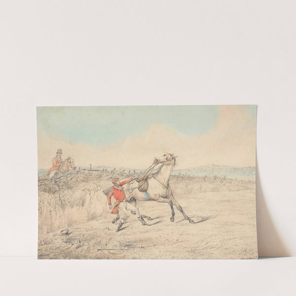 Rider Holding on to a Gray Horse After a Fall by Henry Thomas Alken