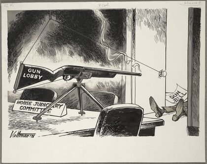 Rifle (gun lobby) aimed at fallen figure (gun bill)