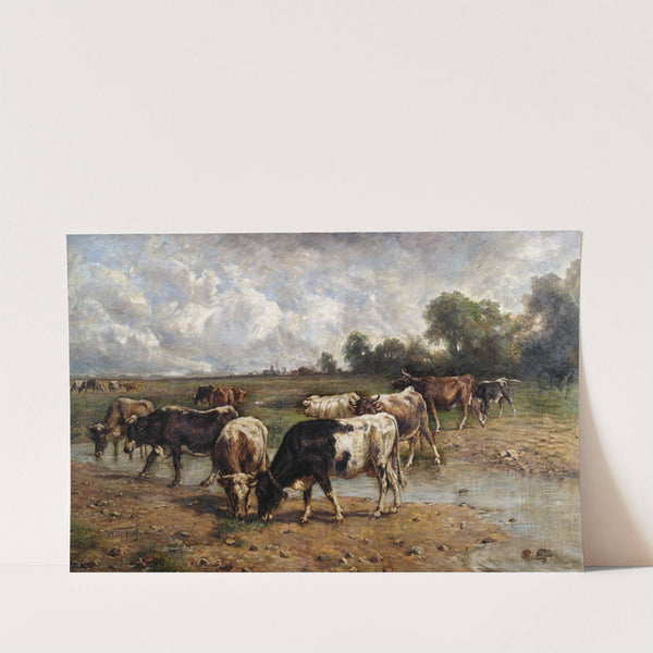 Rinderherde an einer Wasserstelle in weiter Landschaft by Wilhelm Frey