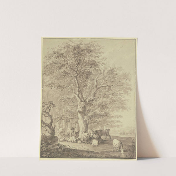 Rinderherde mit zwei Schafen und dem Hirten unter einer Eiche rastend by Johann Georg Pforr