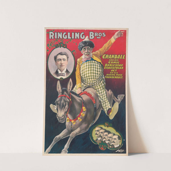 Ringling Bros.–Crandall and his comic burlesque equestrian act on his riding mule Thunderbolt (1899) by Courier Litho. Co.