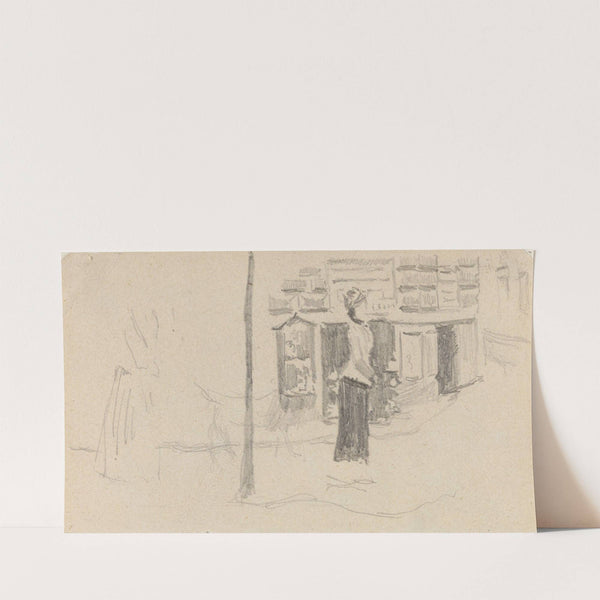 Riss av kvinne med kø i bygate by Christian Krohg