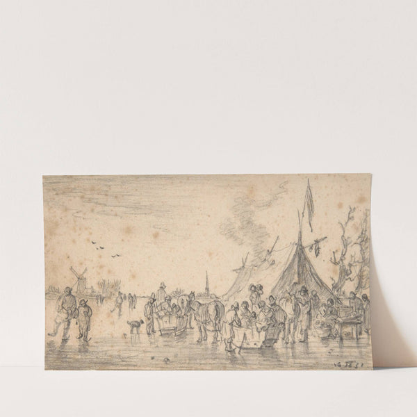 River Landscape in Winter with Figures Skating and Sleds (1651) by Jan van Goyen