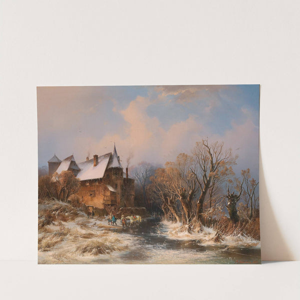 River Landscape in Winter with House and decorative figures by Adolf Stademann