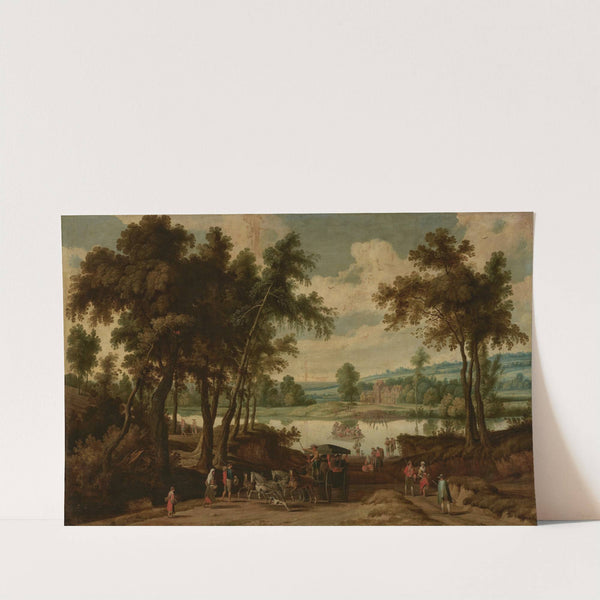 River landscape with a carriage transporting passengers and a ferry crossing by Jan Wildens