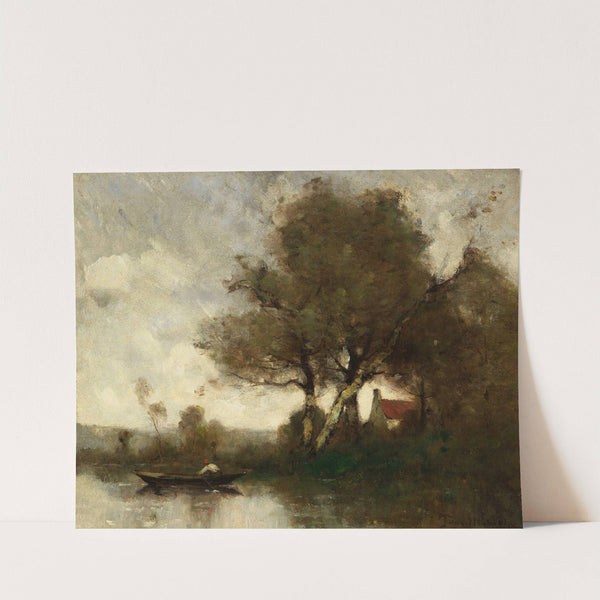 River landscape with a house and man in a boat by Paul Désiré Trouillebert