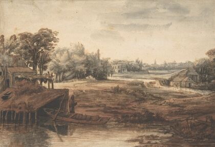 River Landscape with a Man Standing by a Boathouse