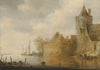 River landscape with a tower and village buildings behind a wall