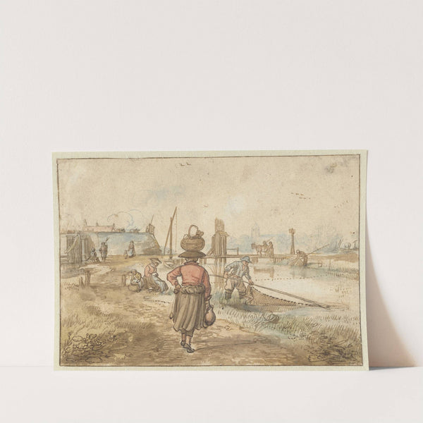 River Landscape with a Woman Carrying a Basket on her Head, Fishermen and Other Figures near the Walls of a Town by Hendrick Avercamp