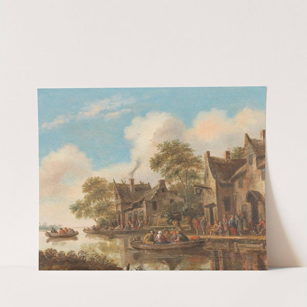 River landscape with ferry boats and a tavern by Thomas Heeremans