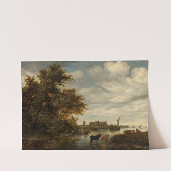 River Landscape With Fishermen And Cattle, The Grote Kerk Of Alkmaar Beyond by Jacob Salomonsz. van Ruysdael