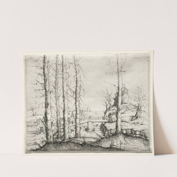 River Landscape with Five Bare Spruce Trees in the Foreground (1549) by Augustin Hirschvogel