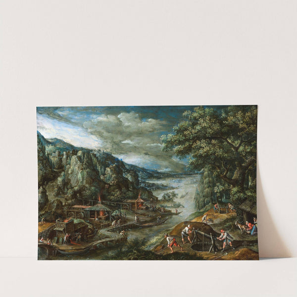 River landscape with iron mining scene by Marten Van Valckenborch