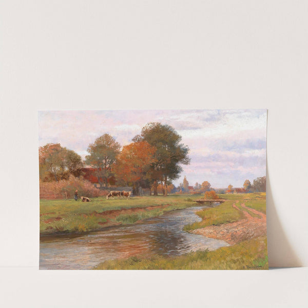 River Landscape with Small Herd of Cows and a Village in the background by Hugo Darnaut