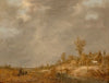 River landscape with travellers, a horse and cart next to a barn and windmills in the distance