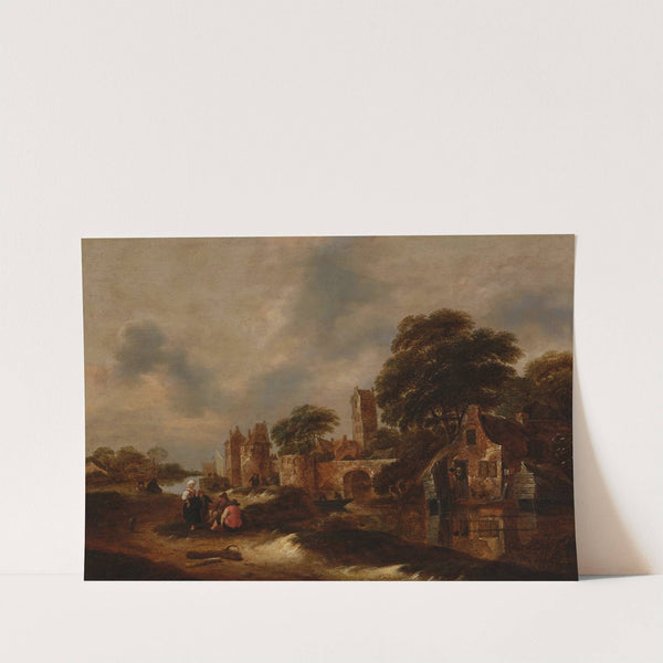 River landscape with village walls and figures conversing in the foreground by Nicolaes Molenaer