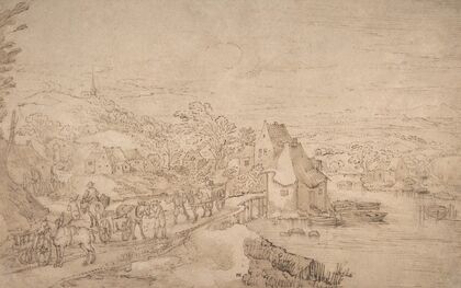 River Landscape with Wagons on a Road near a Village (1586–1631)