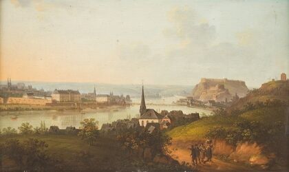 River Rhine at Koblenz overlooking castle and fort Ehrenbreitstein