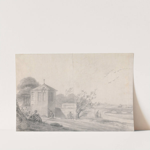 Riverside Scene with Figures, Hexagonal Building Left and Horse-Drawn Wagon Crossing Bridge at Right by Richard Wilson