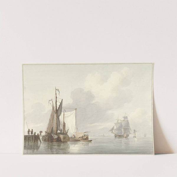 Riviergezicht met afgemeerde schepen by Martinus Schouman