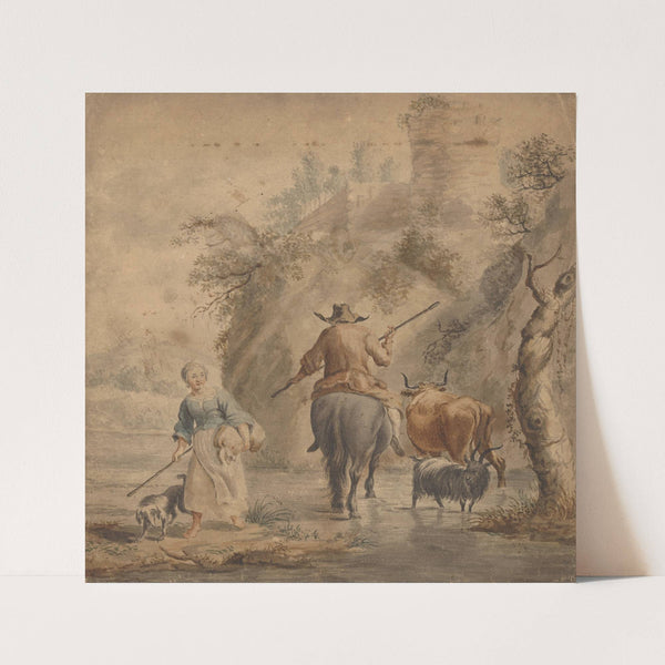 Rivierlandschap met een ruiter, vrouw en vee by Nicolaes Pietersz. Berchem