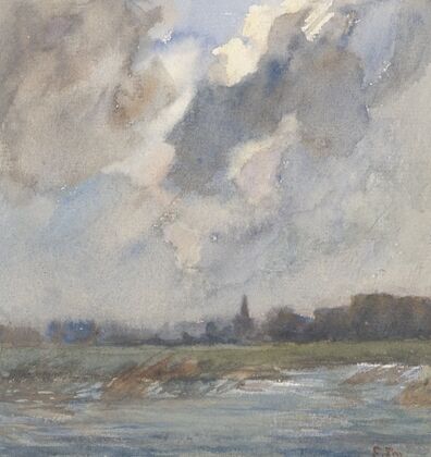 Rivierlandschap met kerktoren, bij storm