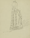 Robe à tournure à col haut avec rangs de volants et pompons sur la jupe Esquisse de robe à tournure avec pompons (1884)