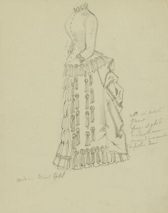 Robe à tournure à col haut avec rangs de volants et pompons sur la jupe Esquisse de robe à tournure avec pompons (1884)