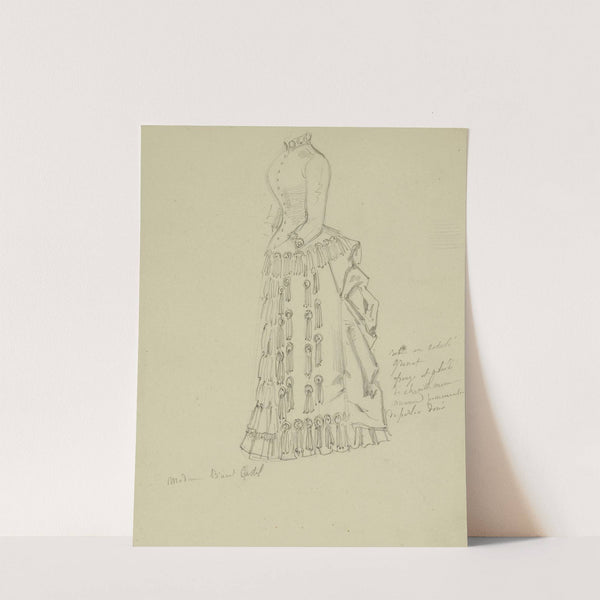 Robe à tournure à col haut avec rangs de volants et pompons sur la jupe Esquisse de robe à tournure avec pompons (1884) by Anaïs Colin-Toudouze