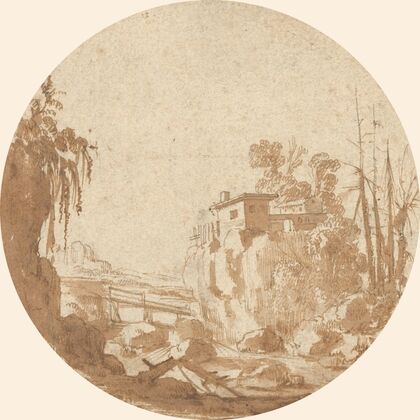 Rocky Landscape With a Bridge and a House